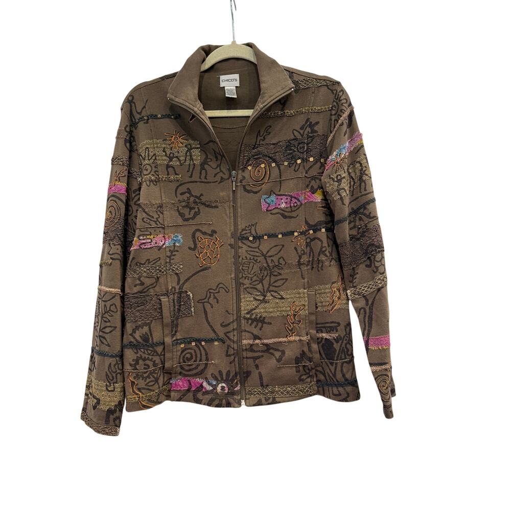 Chicos Olive Brown Green Boho Pattern Zipper Jacket Sz 0/Small